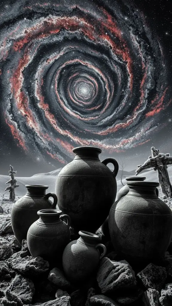 Ancient pottery jars in a swirling galaxy with icy landscape.