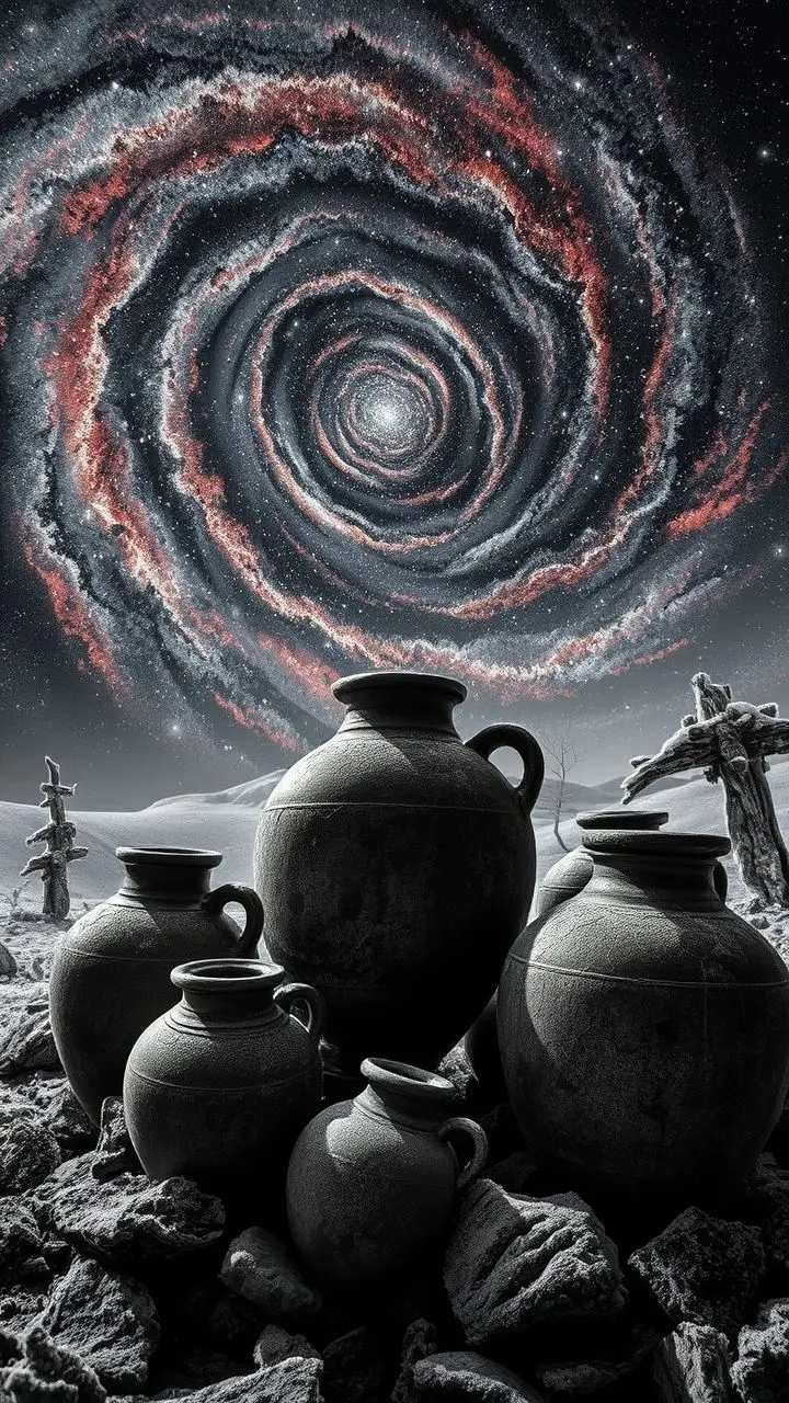 Ancient pottery jars in a swirling galaxy with icy landscape.