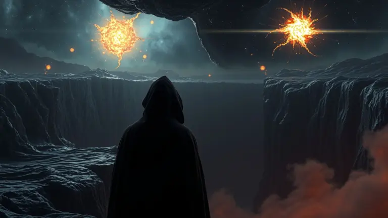 A cloaked spirit gazes into a dark chasm under a sky with black liquid and fiery explosions.