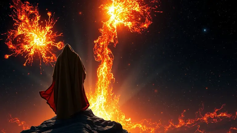 Lone robed figure on horizon of starfield with supernovas.