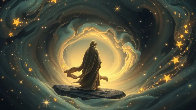 Robed figure in a star vortex, dreamy oil galaxy, high detail, 8K.