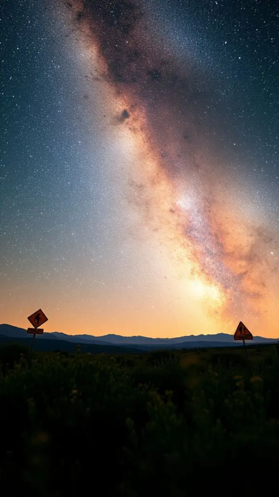 Milky Way galaxy arching over a landscape with fire weather signs and vegetation.