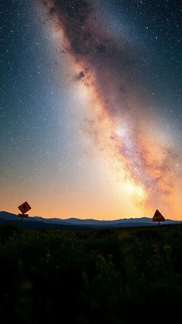 Milky Way galaxy arching over a landscape with fire weather signs and vegetation.