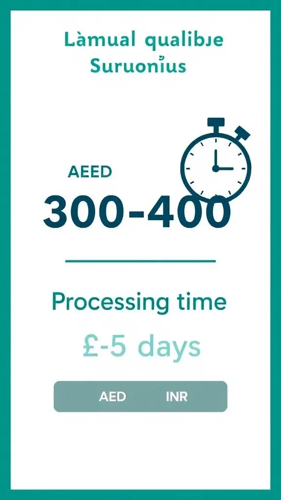 Graphic showing cost in AED and processing time in days with currency and clock symbols.