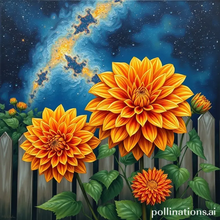 Impasto oil painting of orange dahlias with gold centers in a garden with a wooden fence and a starry sky reflection.