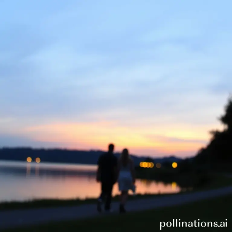 Couple walking by lake at dusk, blurry, distant shot, 2011 style.