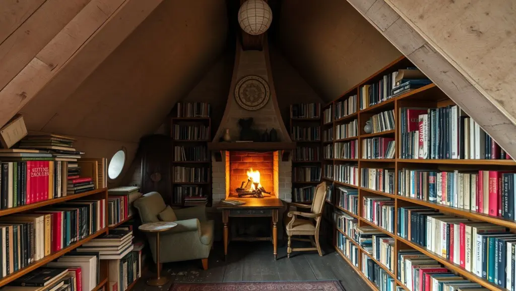 Interior of an old, small, dilapidated cabin serving as a library, with floor-to-ceiling bookshelves, a worn armchair, a small table, and a fireplace with a glowing fire.