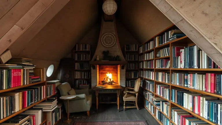 Interior of an old, small, dilapidated cabin serving as a library, with floor-to-ceiling bookshelves, a worn armchair, a small table, and a fireplace with a glowing fire.