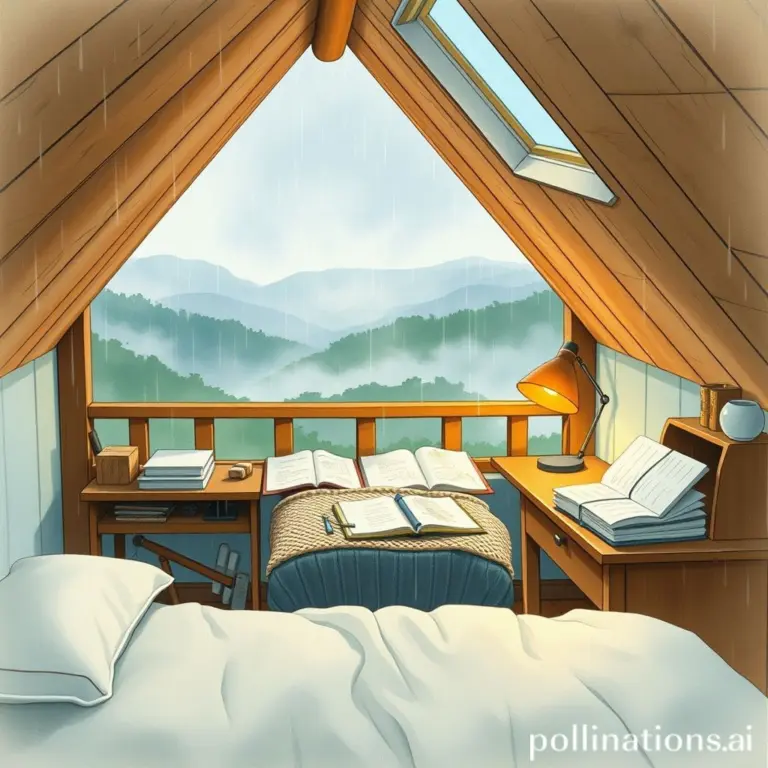 Cozy attic bedroom with knitted blanket and sketchbooks, watercolor style.