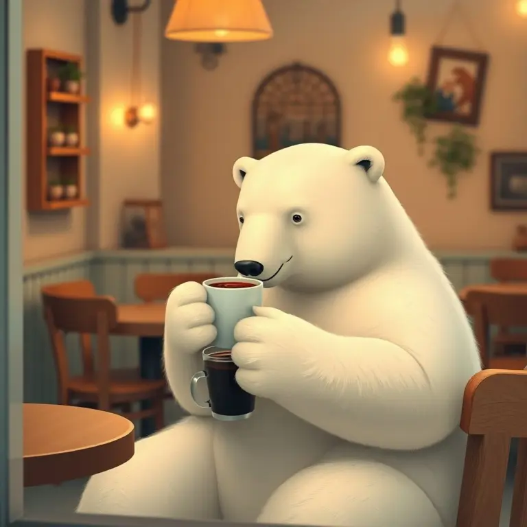 Polar bear sitting inside a cafe holding coffee.