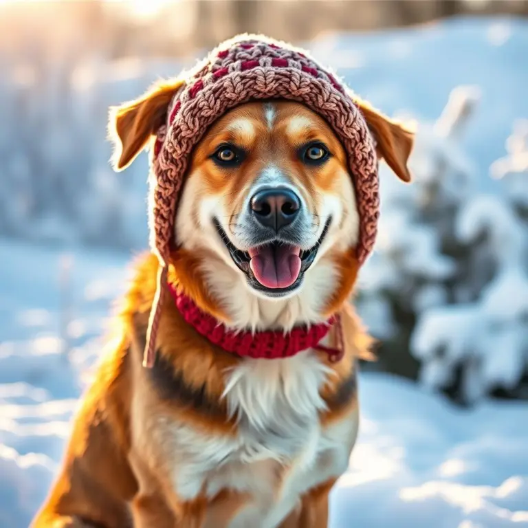 Dog in a knitted winter hat in a snowy landscape.