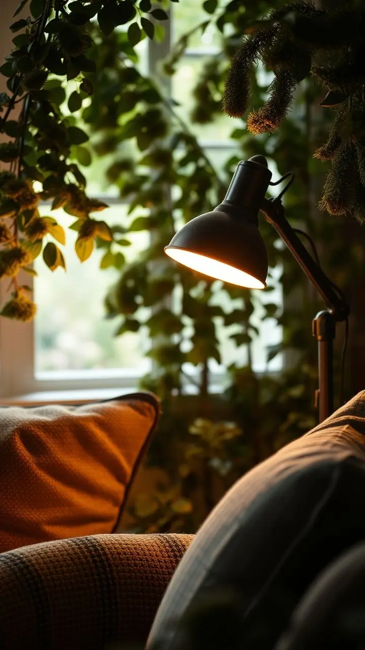Adjustable reading lamp in a mossy cottagecore room.