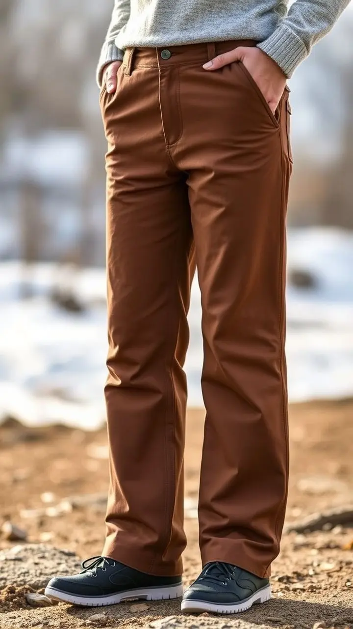 Warm cotton pants with detailed stitching in an outdoor setting.