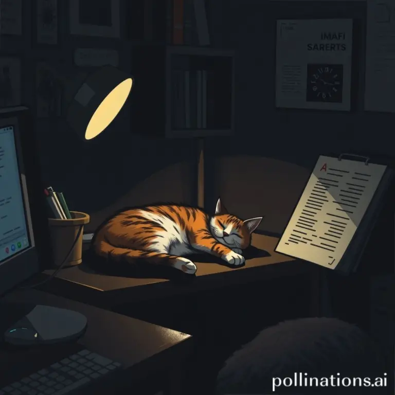 A cat sleeping in a cozy, dark office corner.