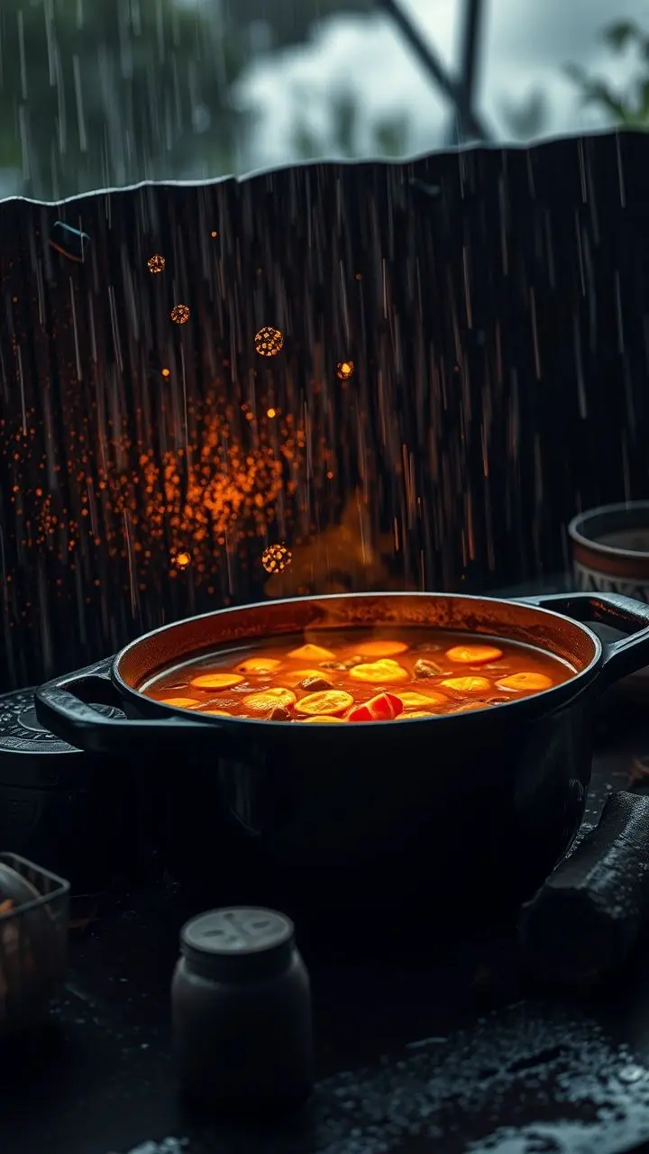 Dutch oven stew simmering in rain with light rays and dark tones.