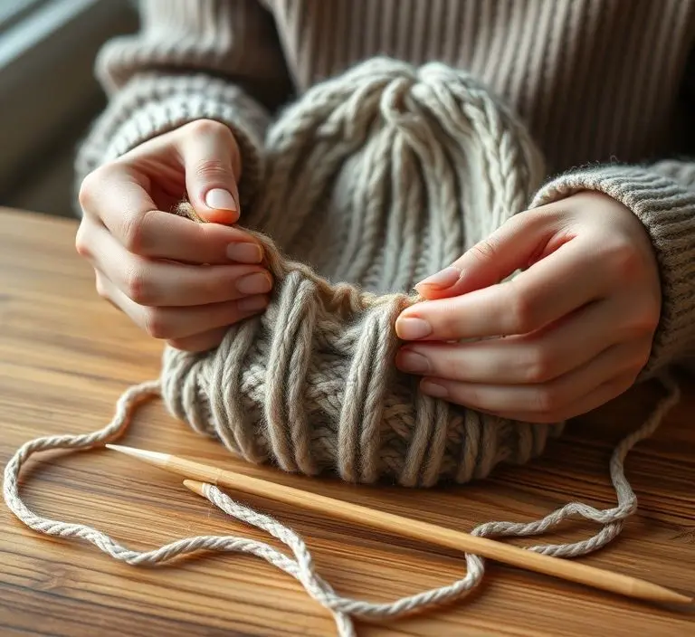 Hands knitting a hat on a wooden table.