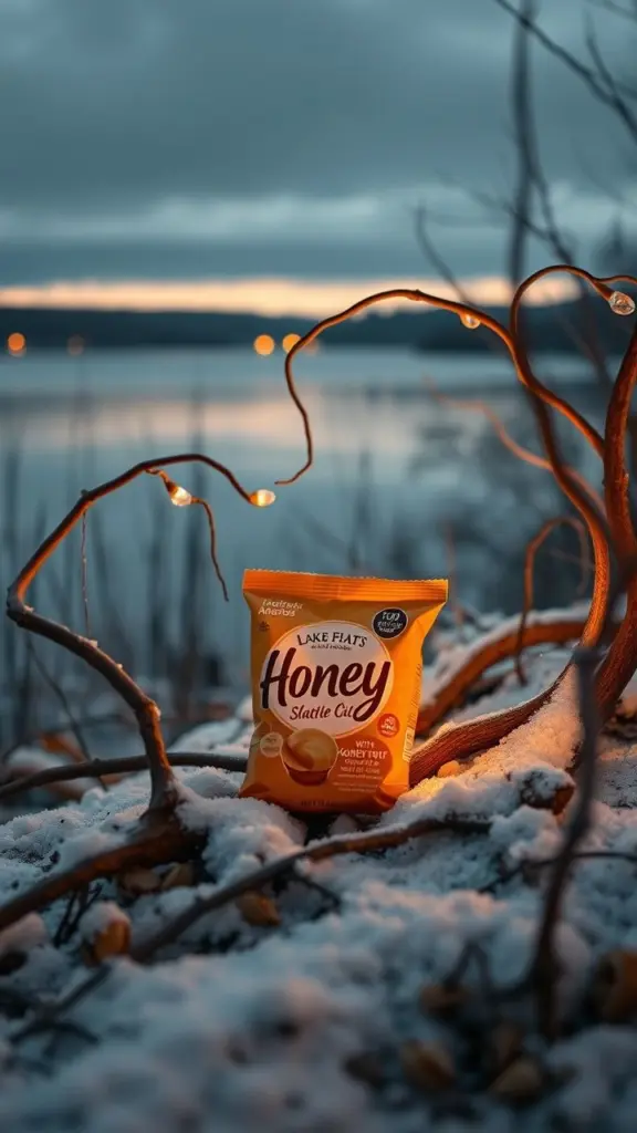 Honey snacks by a snowy lake at dusk, with twisted roots and soft lighting.
