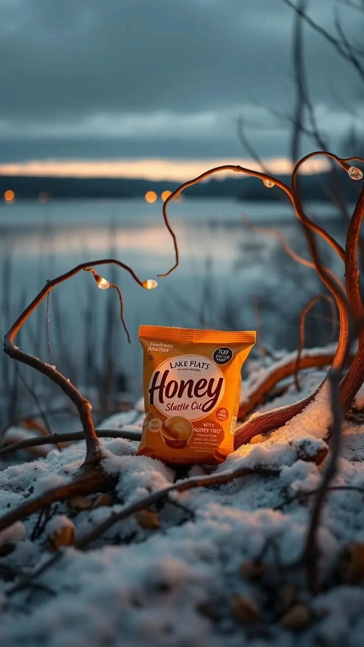 Honey snacks by a snowy lake at dusk, with twisted roots and soft lighting.