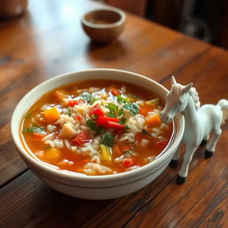 Bowl of rice soup next to a small horse figurine.
