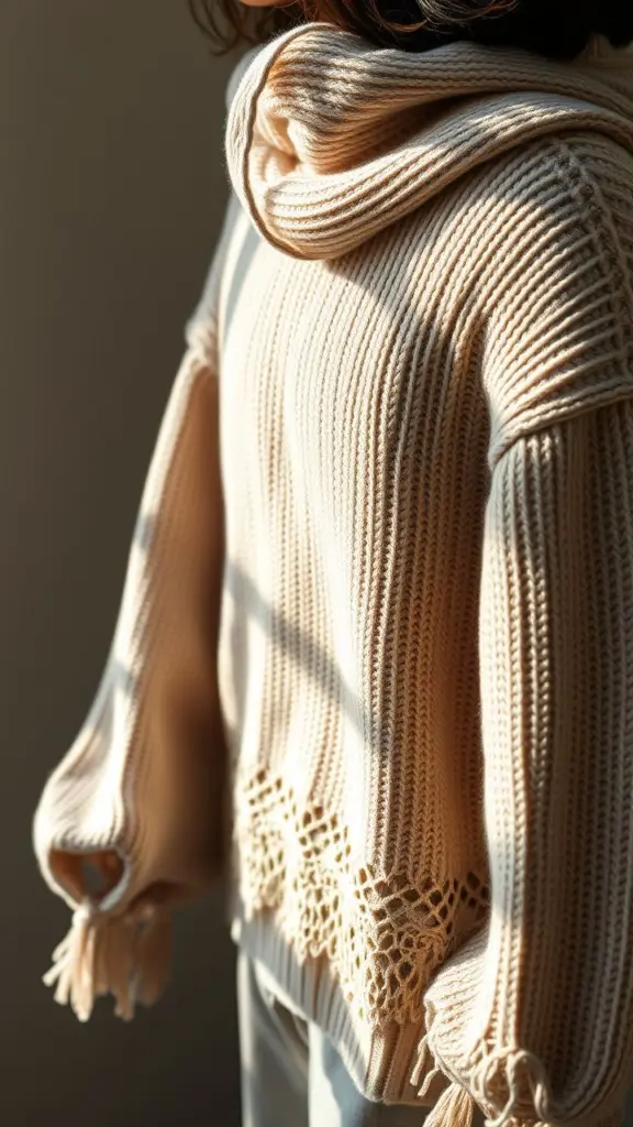 Close-up of a cozy Korean knit hoodie with lace trim.