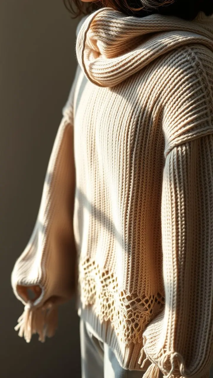Close-up of a cozy Korean knit hoodie with lace trim.