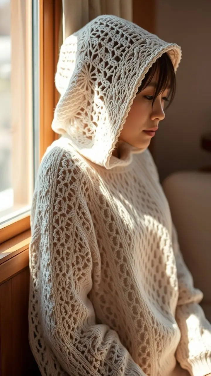 Close-up of a cream-colored lace knit hoodie with intricate patterns, illuminated by soft natural light.