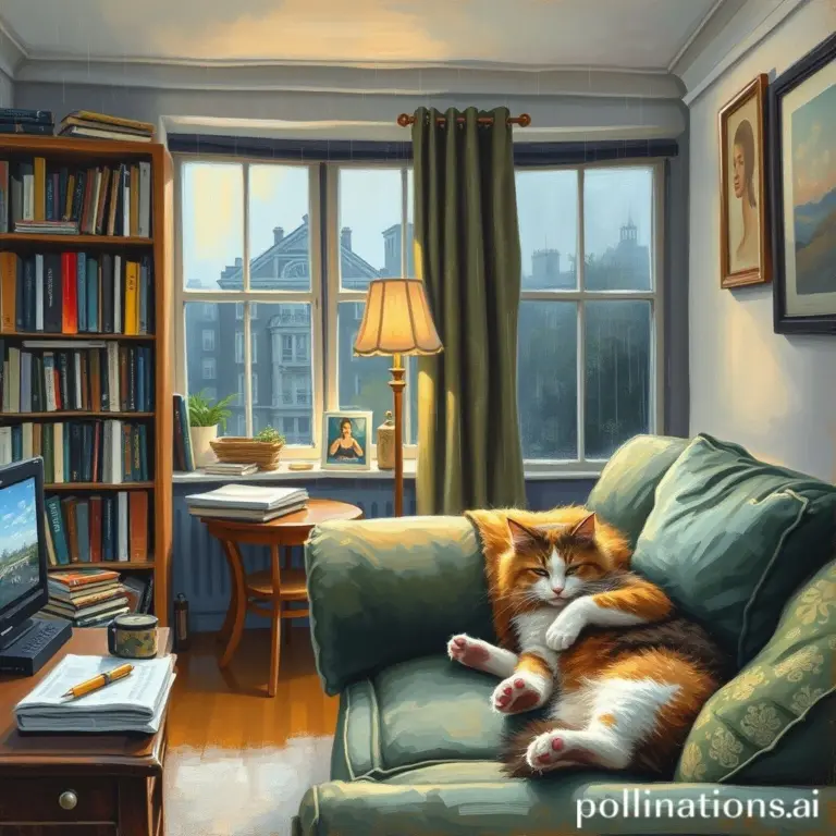 Impressionistic painting of a London living room with cat on sofa and rain outside.