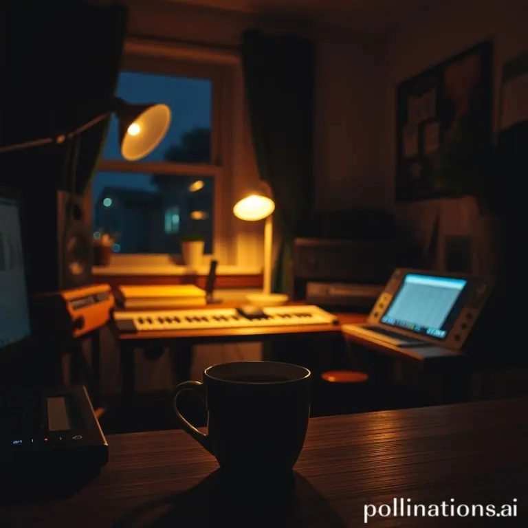Cozy music studio with warm lighting and a coffee cup.