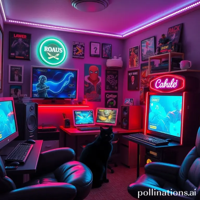 Cozy gaming room with neon lights and a black cat.