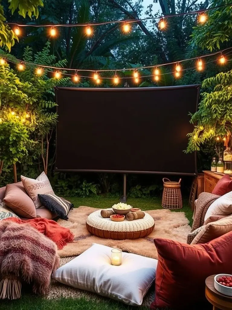 Outdoor lounge with projector screen, blankets, cushions, and fairy lights.