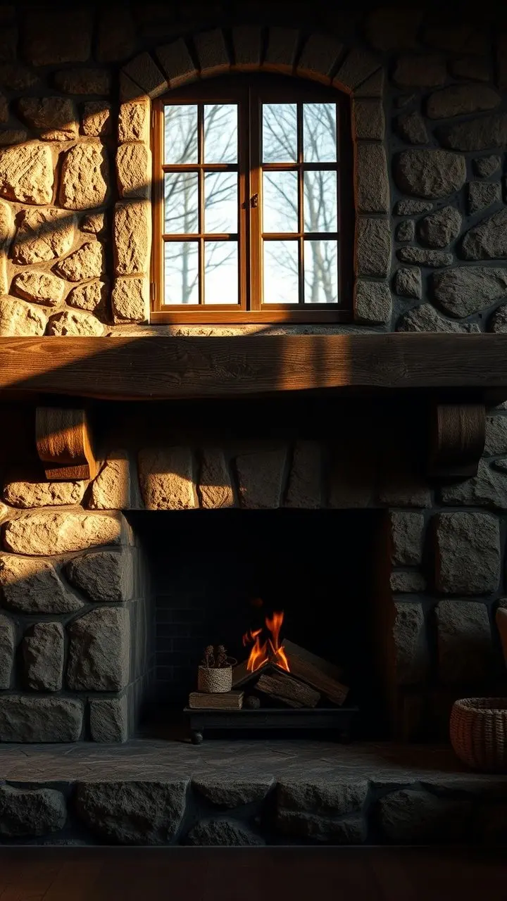 Rustic stone fireplace surround in a cozy interior, lit by afternoon light with film noir shadows.