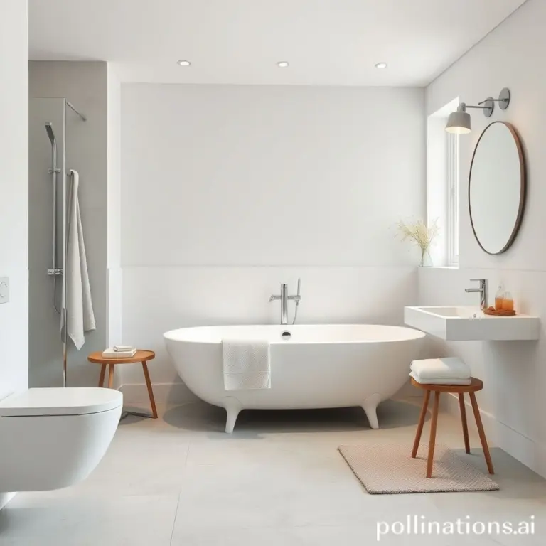 Scandinavian bathroom with gray flooring and soft lighting.