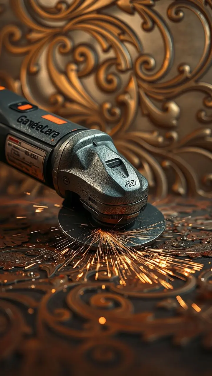 Close-up of an angle grinder cutting, with blurred Art Nouveau patterns in the background.