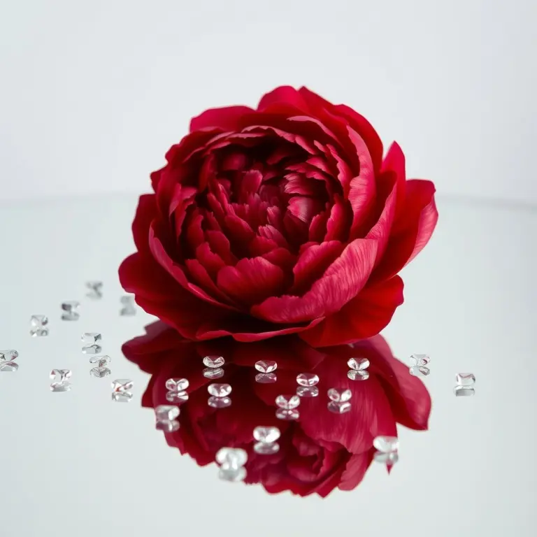 Red peony reflection with crystal hearts