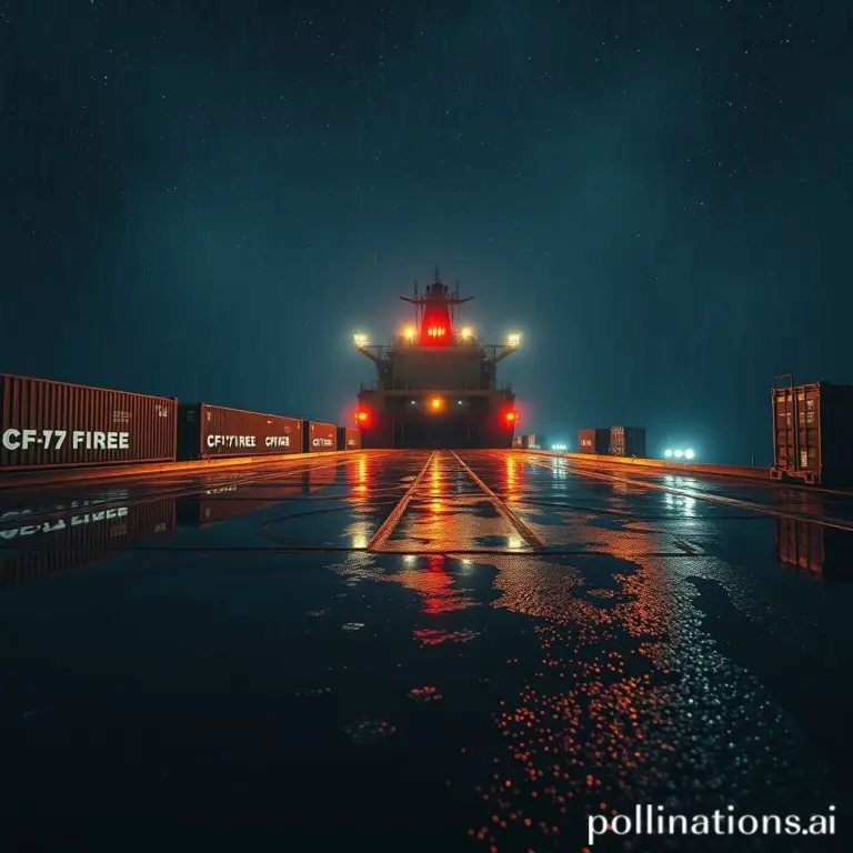 Cargo ship deck flooded with water reflecting stars and containers under a red beacon light.