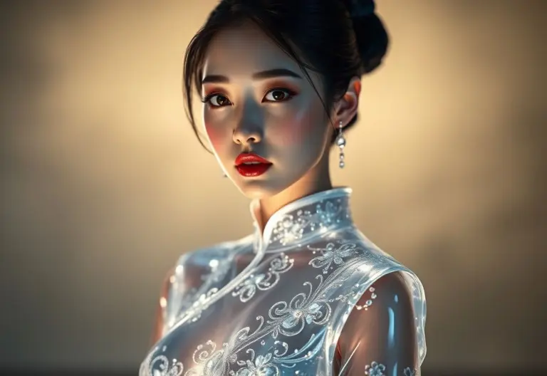 Translucent crystal sculpture of a Korean spy in a cheongsam.