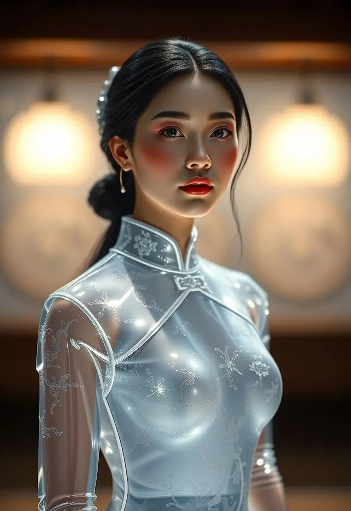 Crystal sculpture of a Korean spy in a translucent cheongsam.
