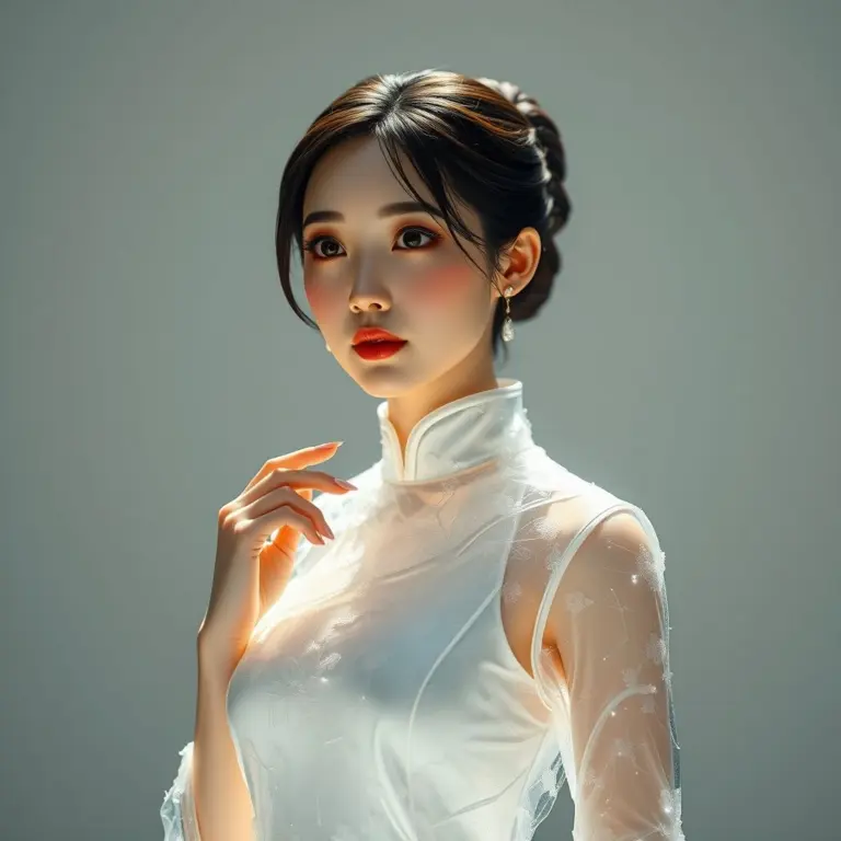 Crystal sculpture of a Korean spy in a sheer cheongsam.