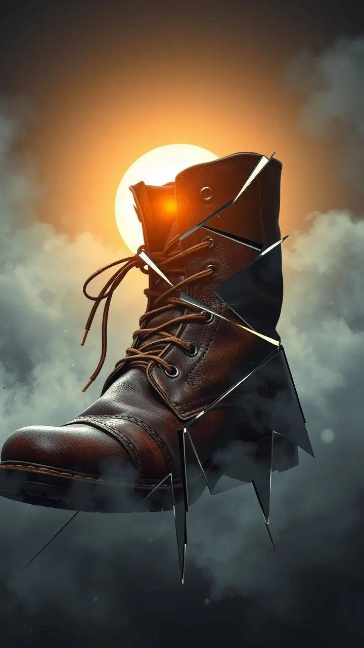 Cubist painting of a worn leather boot in misty sunlight.