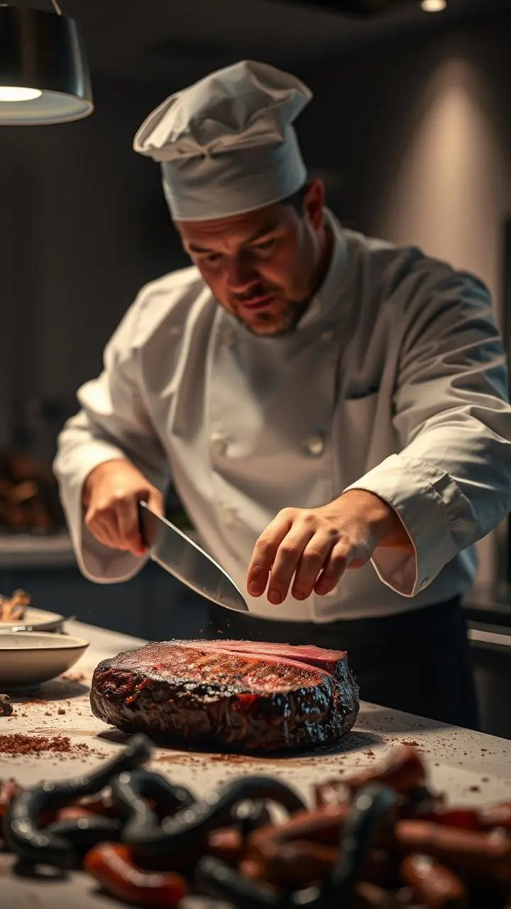 Chef slicing steak in modern kitchen with contrasting burnt debris.