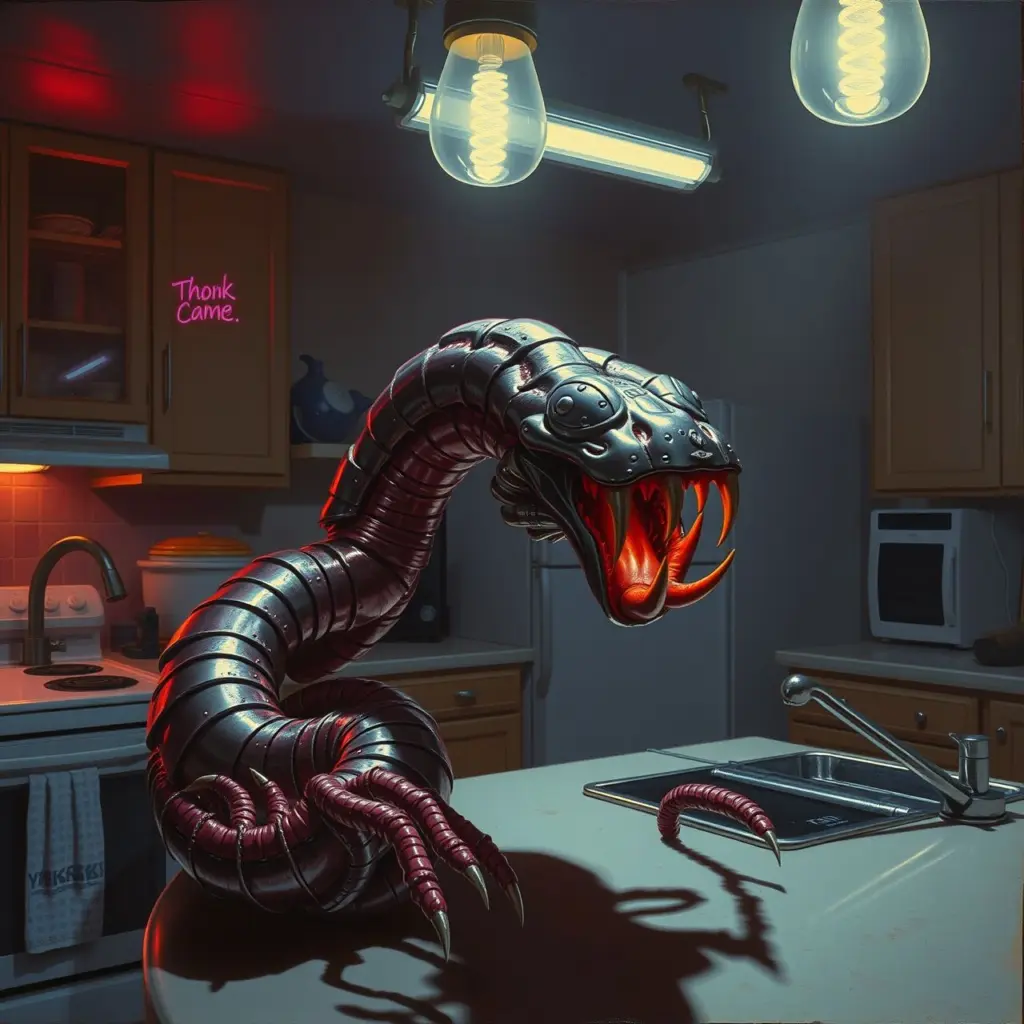 Grotesque worm-like creature with metallic segments and sharp teeth in a neon-lit suburban kitchen.
