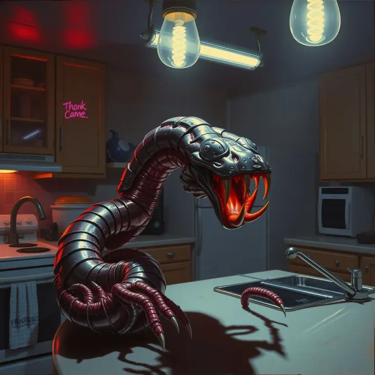 Grotesque worm-like creature with metallic segments and sharp teeth in a neon-lit suburban kitchen.
