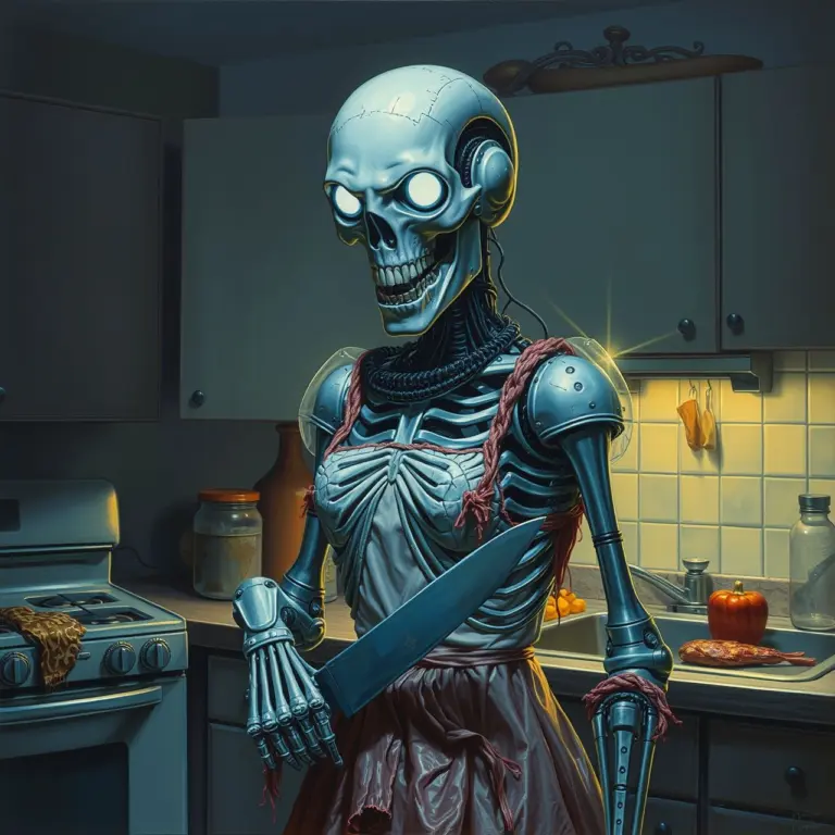 Skeletal robot housewife with shredded flesh holding a butcher knife in a dark kitchen.