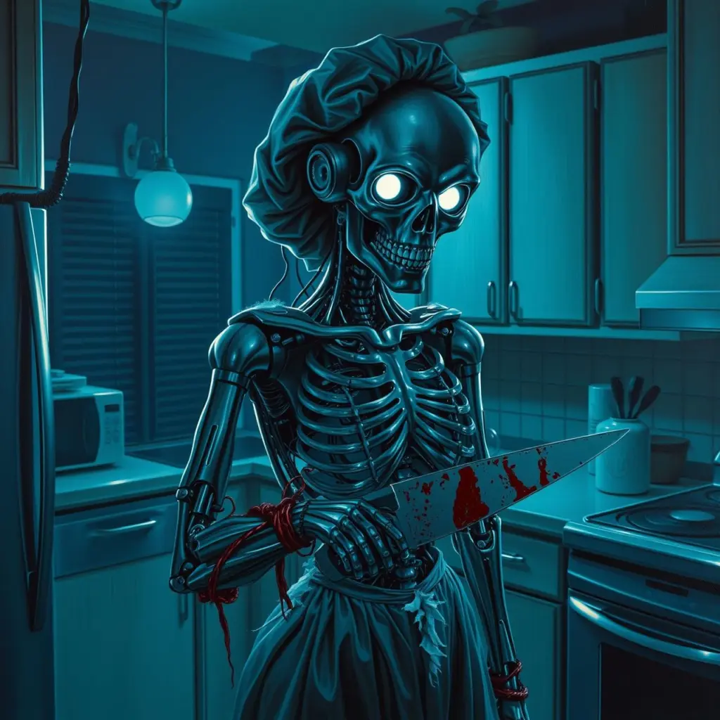 Robot housewife with exposed skeletal structure and glowing eyes holding a knife in a dark kitchen.