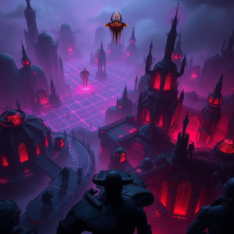 Dark fantasy digital landscape with glowing network interfaces.
