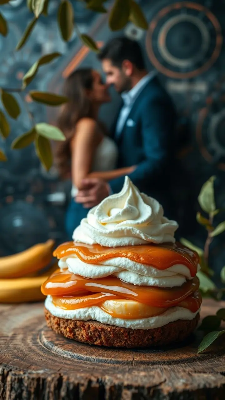 Close-up of banoffee pie with a cyberpunk background.