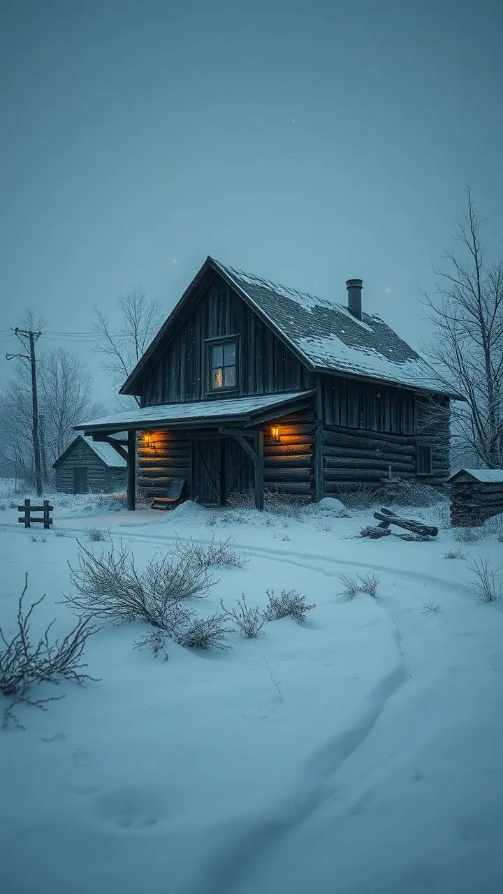 Rustic barnhouse in a frosty, cyberpunk landscape at night with volumetric light and faint lights.