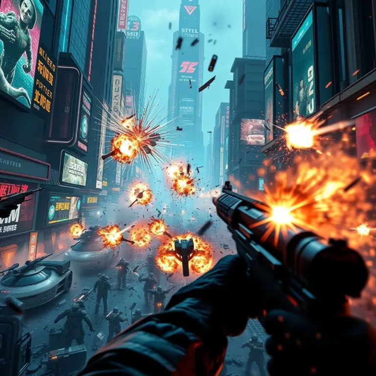 Futuristic city combat with neon lights and laser blasts.