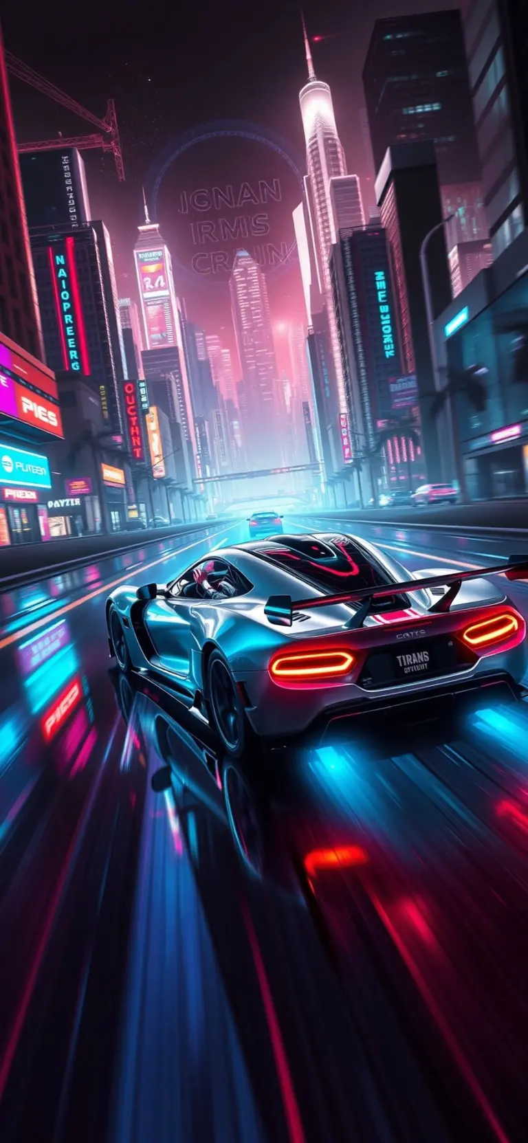 Futuristic sports car racing in a neon cyberpunk city.