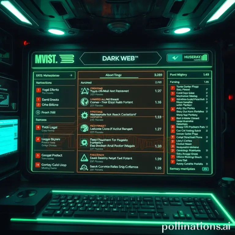 Cyberpunk marketplace with holographic listings.